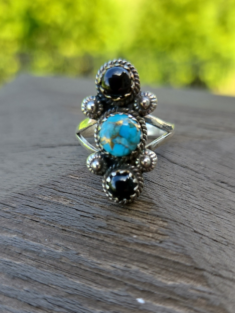 Turquoise & Black Onyx Sterling Ring